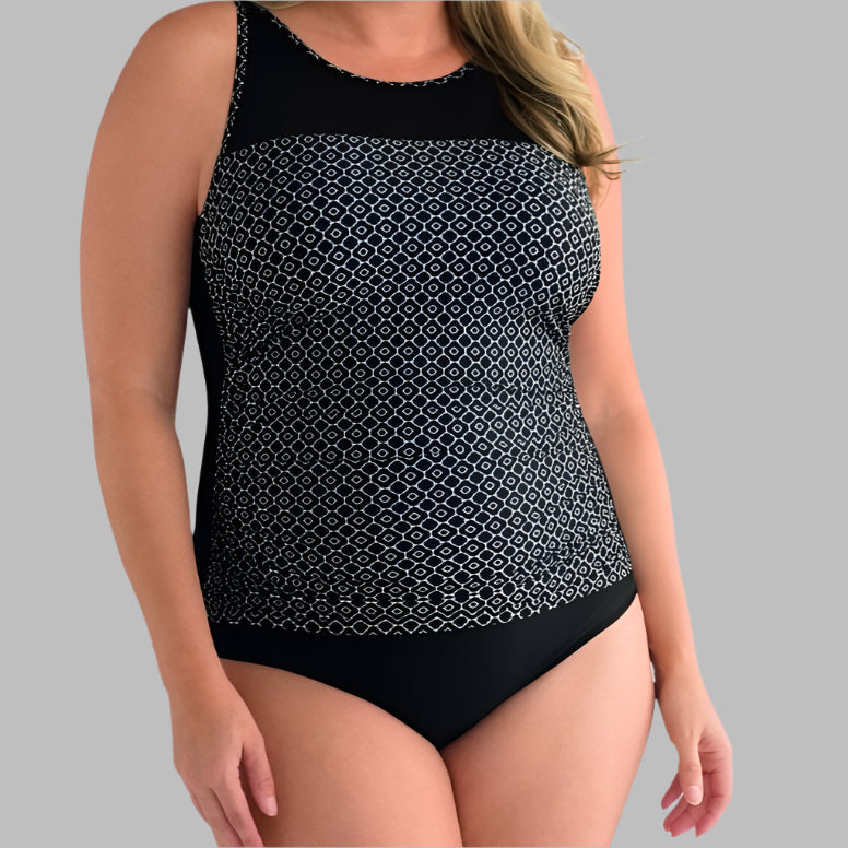 Amoena Ayon Highback One Piece Pocketed Mastectomy Swimsuit - Black and White 71112
