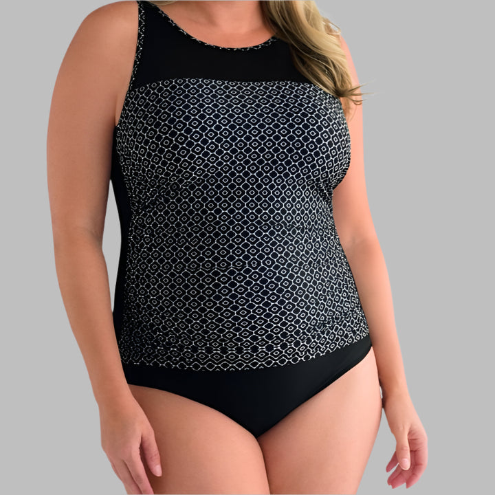 Amoena Ayon Highback One Piece Pocketed Mastectomy Swimsuit - Black and White 71112