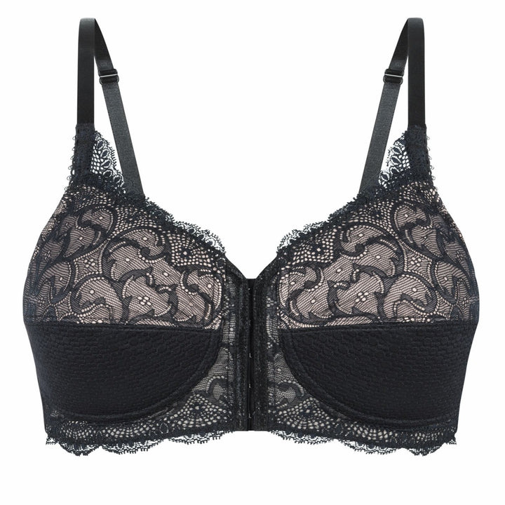 Amoena Ellen Pocketed Mastectomy Non Wired Front and Rear Opening Bra - Black Nude  44245