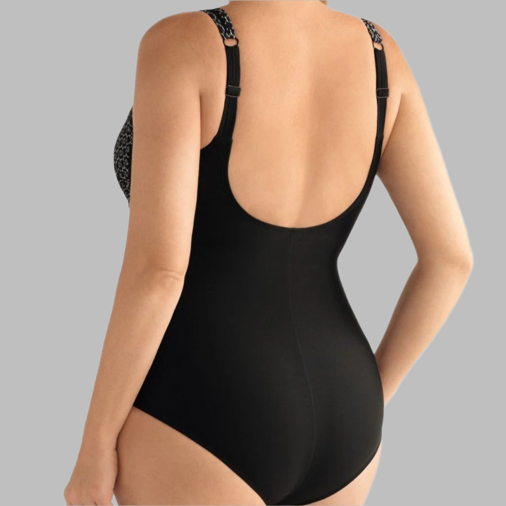Amoena Ayon Highback One Piece Pocketed Mastectomy Swimsuit - Black and White 71112