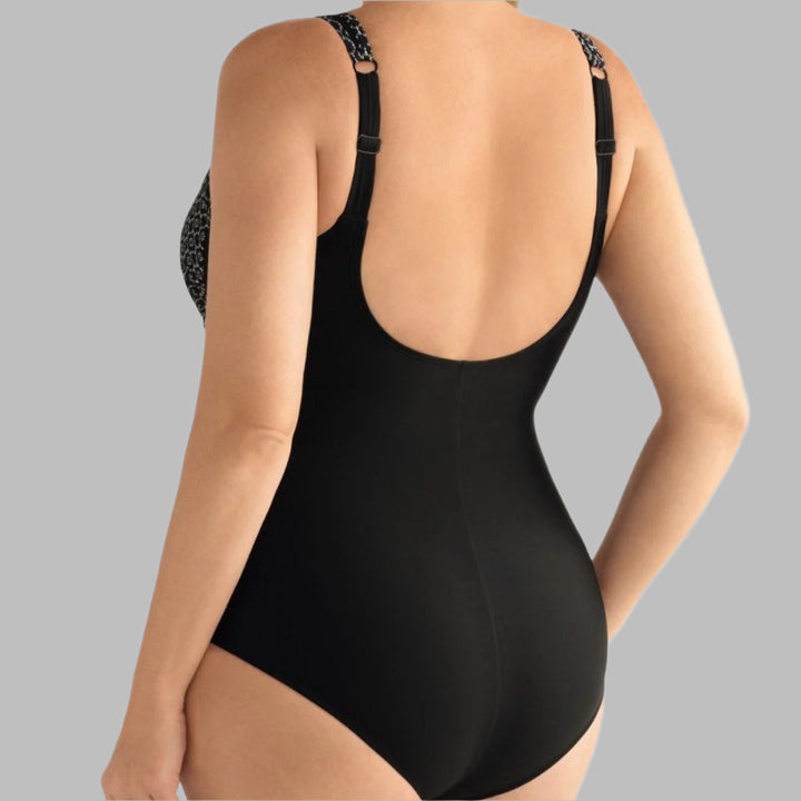Amoena Ayon Highback One Piece Pocketed Mastectomy Swimsuit - Black and White 71112